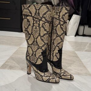 Gucci Two-Tone Snake-Print Mid-Calf Heeled Boots